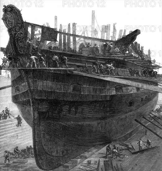 Breaking up the hospital ship 'Dreadnought' at Chatham dockyard, 1875. Artist: Unknown