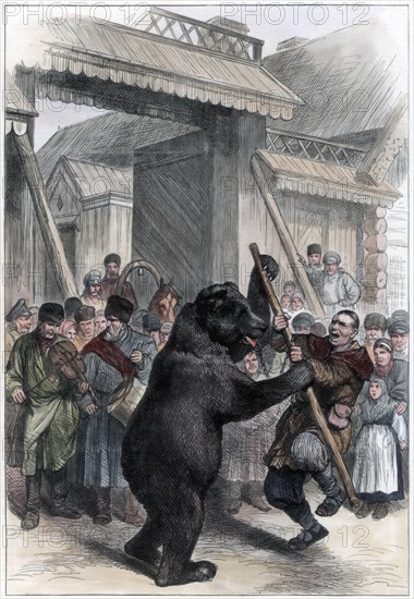 Performing bear in a Russian village, 1877. Artist: Unknown