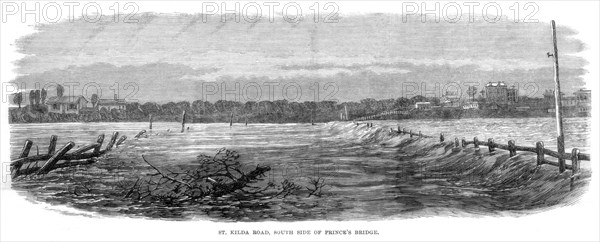 St Kilda Road, south side of Prince's Bridge - Floods at Melbourne, Australia, 1864. Artist: Unknown