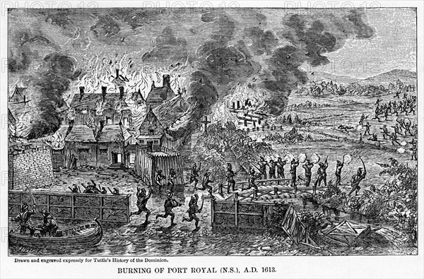 'Burning of Port Royal (Nova Scotia), AD 1613', (1877). Artist: Unknown