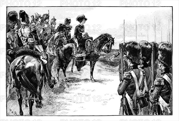 The Queen at the camp at Chobham, Surrey, 1853, (1888). Artist: Unknown