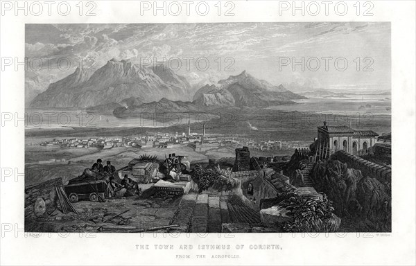 The town and isthmus of Corinth from the Acropolis, Greece, 1887. Artist: W Miller