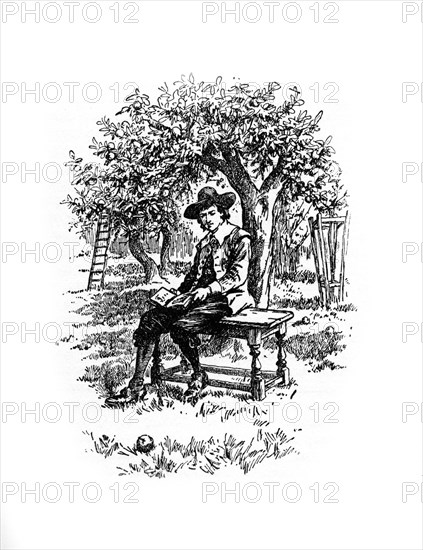 Sir Isaac Newton under the apple tree, (20th century). Artist: Unknown