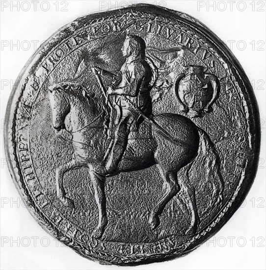 Seal of the Protectorate with Oliver Cromwell on horseback, 17th century, (1899). Artist: Unknown