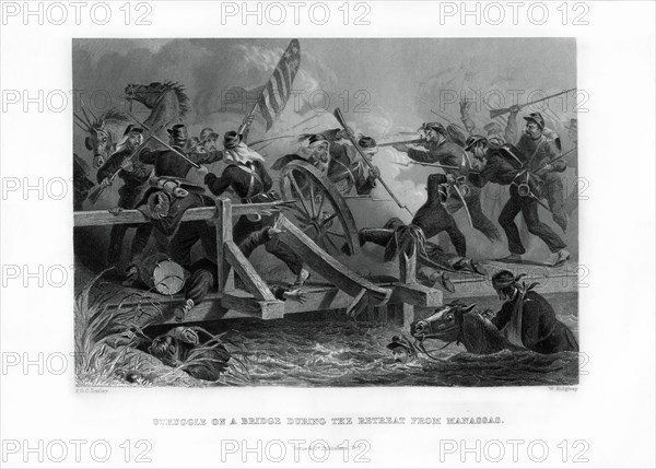 Struggle on a bridge during the retreat from Manassas, Virginia, (1862-1867).Artist: Felix Octavius Carr Darley