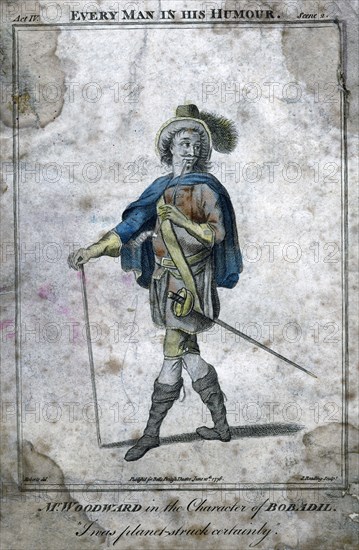 'Mr Woodward in the character of Bobadil', 1776.Artist: J Reading