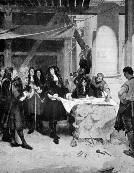 Charles II visiting Sir Christopher Wren during the building of St Paul's Cathedral, London, 1909.Artist: John Seymour Lucas