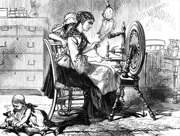 The Treadle spinning wheel, c1880.Artist: RC