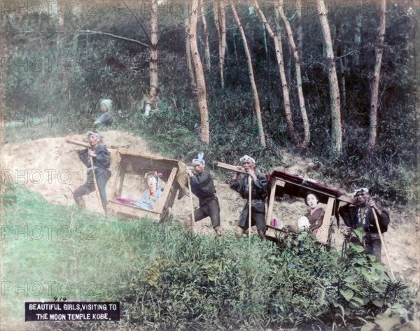 Women in palanquins visiting the Mayasan (Moon Temple), Kobe, Japan. Artist: Unknown