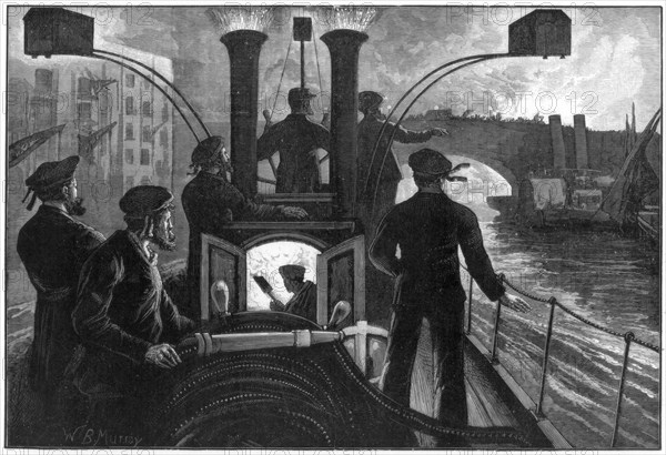 Steam fire-engine going to a riverside fire, London fire brigade, 1890.Artist: WB Murray