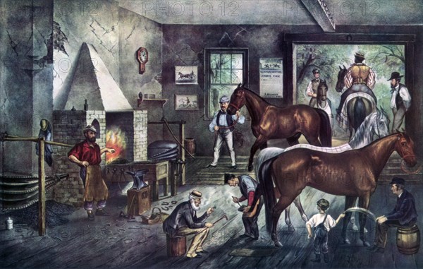 'Trotting Cracks at the Forge', 1869.Artist: Currier and Ives