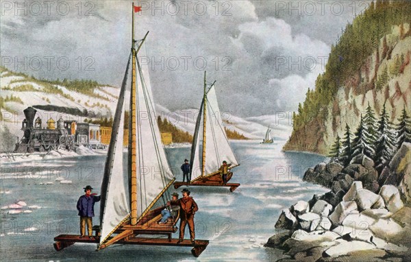 Ice Boat Race on the Hudson River, 19th century.Artist: Currier and Ives