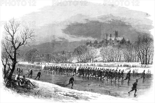 The First Lincolnshire Rifle Volunteers taking a march down the river Witham on skates, 1861. Artist: Unknown