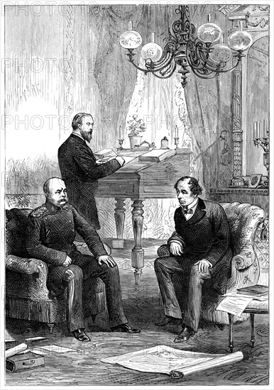 Benjamin Disraeli (1804-1881) meeting with Otto von Bismarck (1815-1898), Berlin, 1878. Artist: Unknown