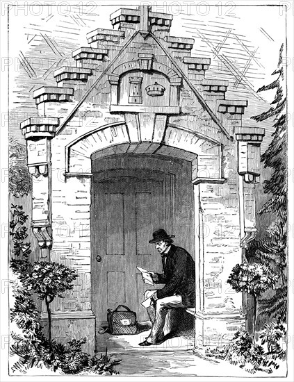 Benjamin Disraeli (1804-1881) reading letters in the porch of Hughenden Lodge, 19th century. Artist: Unknown