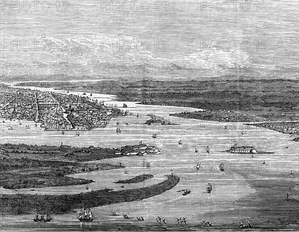 Charleston harbour, South Carolina, with sunken ships. Artist: Unknown