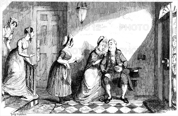 A number of women attend to a poorly man, 19th century.Artist: George Cruikshank