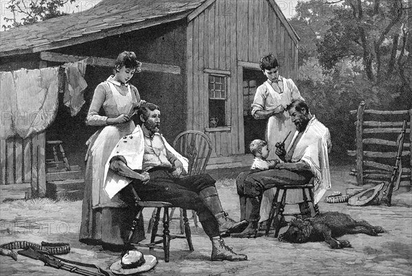 'One of a Lady's Duties - Hair Cutting En Famille', 1889. Artist: Unknown