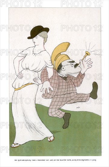 'Mr Rudyard Kipling takes a bloomin day aht, on the blasted 'eath... 1904.Artist: Max Beerbohm