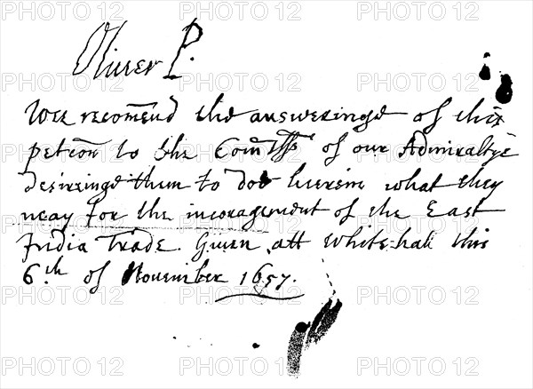 Autograph note of Oliver Cromwell to a petition of the East India Company, November 1657, (1893). Artist: Unknown