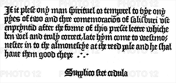 Advertisement for a book printed by William Caxton, 15th century (1893). Artist: Unknown