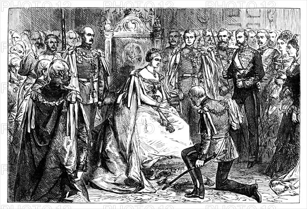 Queen Victoria holding the first investiture of the order of the Star of India, c1861. Artist: Unknown