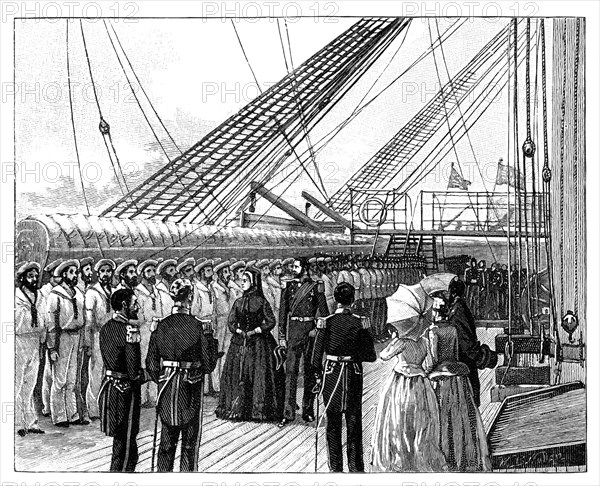 Queen Victoria inspecting HMS 'Galatea', Osborne Bay, c1860s. Artist: Unknown