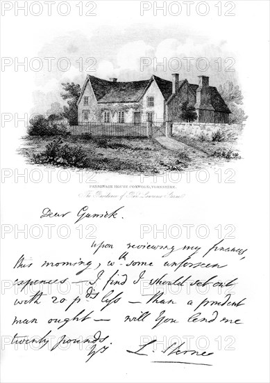 A note from Sterne to Garrick, and a view of Sterne's house in Yorkshire, 18th century, (1840). Artist: Unknown