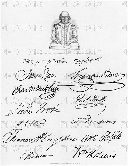 Bust of Shakespeare and signatures of celebrated actors, (1840). Artist: Unknown