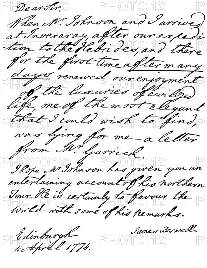 Part of a letter from James Boswell to David Garrick, Edinburgh, 11 April 1774, (1840). Artist: James Boswell