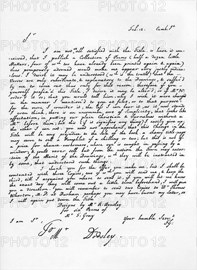 Letter from Thomas Gray concerning the edition of his poetical pieces, c1753, (1840). Artist: Thomas Gray