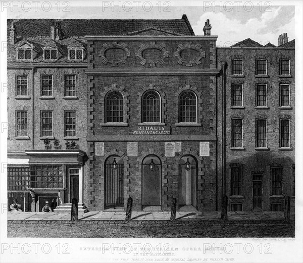 Exterior view of the Italian Opera House, Haymarket, 18th century, (1840). Artist: Charles John Smith