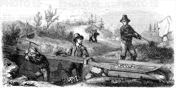 'French miners working a long tom sluice', California, 19th century.Artist: Gustave Adolphe Chassevent-Bacques