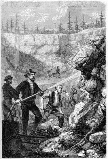 'Hydraulic Mining', California, 1859.Artist: Gustave Adolphe Chassevent-Bacques