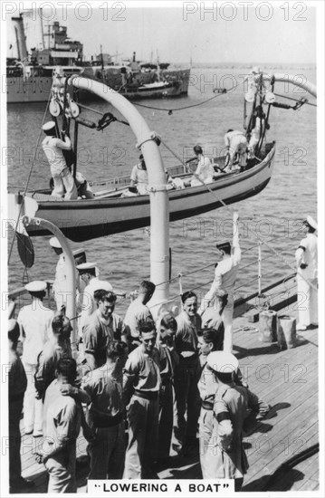 Lowering a boat, HMS 'Devonshire', 1937. Artist: Unknown