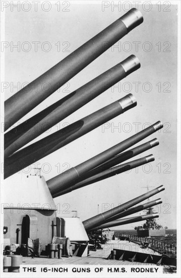 The 16 inch guns of the battleship HMS 'Rodney', 1937. Artist: Unknown