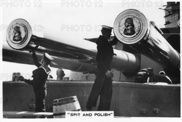 Sailors polishing the 16 inch guns of HMS 'Nelson', 1937. Artist: Unknown