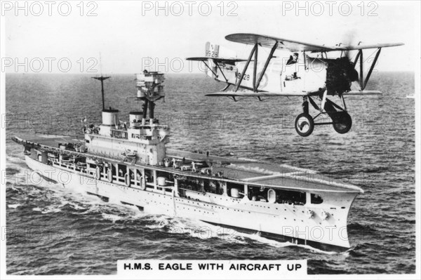 The aircraft carrier HMS 'Eagle' and a Fairey Flycatcher aircraft, (1937). Artist: Unknown
