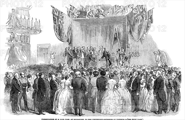 'Presentation of a gold vase, at Melbourne, to the Lieutenant Governor of Victoria', 1854. Artist: Unknown