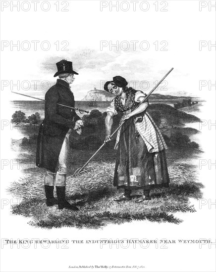 The king rewarding the industrious haymaker near Weymouth, 1820. Artist: Thomas Kelly-Kenny