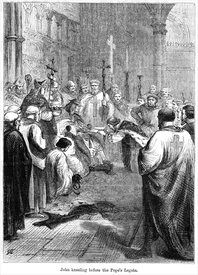 King John (1167-1216) kneeling before the Pope's legate, 1213. Artist: Unknown