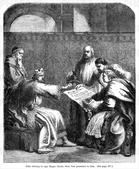 King John (1167-1216) refusing to sign the Magna Carta when first presented to him, 1215. Artist: Unknown