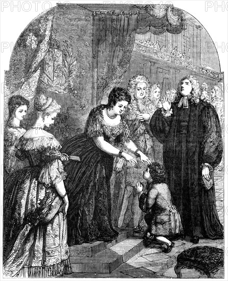 Queen Anne (1665-1714) touching young Samuel Johnson for the evil. Artist: Unknown