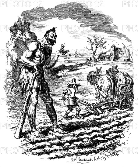 A giant stands in a field as a farmer ploughs, 19th century.Artist: George Cruikshank