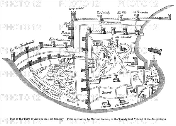 Plan of the town of Acre, Palestine, 14th century. Artist: Unknown