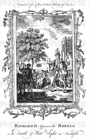 King Richard II appeases the rebels on the death of Wat Tyler, Smithfield, 19th century.Artist: Charles Grignion