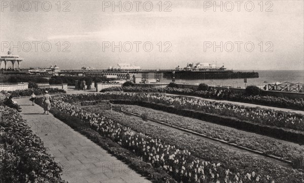 Floral gardens and the West Pier, Brighton, Sussex, 1938. Artist: Unknown