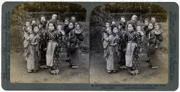 'Big sisters and little brothers in the Land of the Rising Sun', Yokohama, Japan, 1904. Artist: Underwood & Underwood