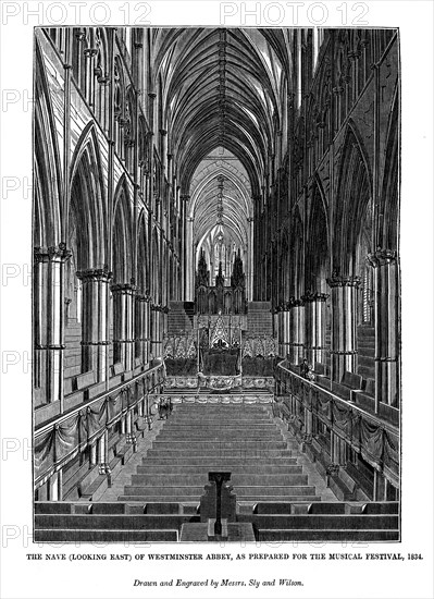 The nave (looking east) of Westminster Abbey,  (1843). Artist: Messrs Sly and Wilson