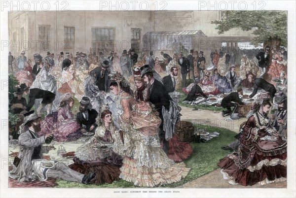 Luncheon time behind the grand stand, Ascot races, 1872. Artist: Unknown